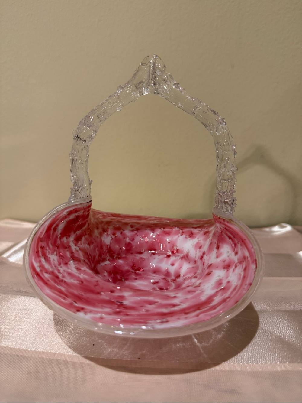 Vintage Pink & White Spatter Cased Art Glass Basket - Applied Clear Thorn Handle
